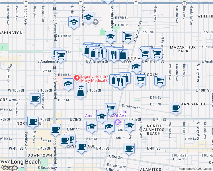 map of restaurants, bars, coffee shops, grocery stores, and more near 1047 Myrtle Avenue in Long Beach