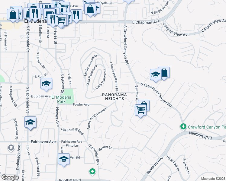 map of restaurants, bars, coffee shops, grocery stores, and more near 12626 Baja Panorama in Santa Ana