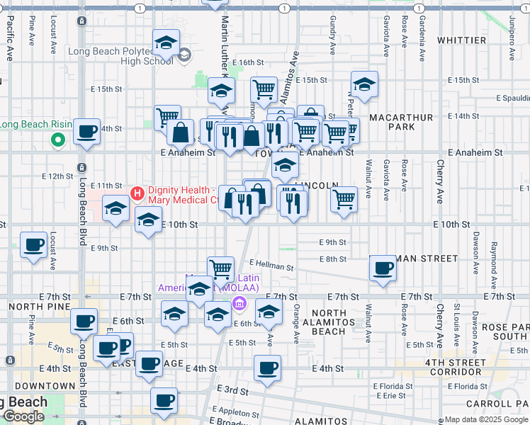 map of restaurants, bars, coffee shops, grocery stores, and more near 1034 Alamitos Avenue in Long Beach