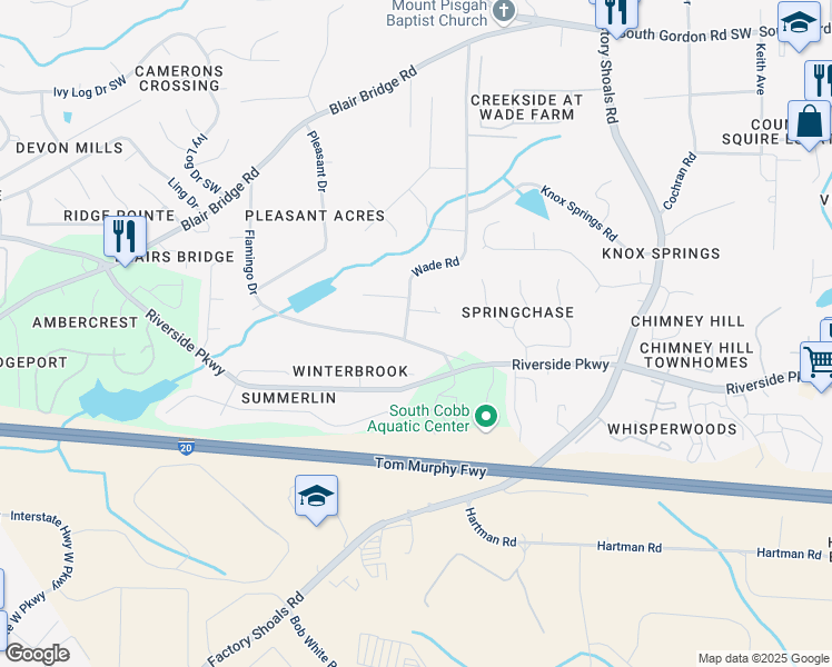 map of restaurants, bars, coffee shops, grocery stores, and more near 715 Wade Road in Austell