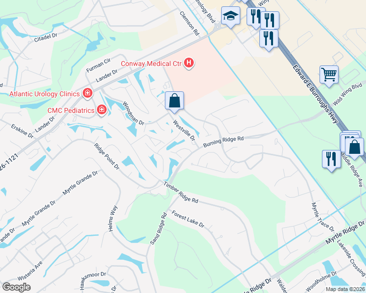 map of restaurants, bars, coffee shops, grocery stores, and more near 200 Willow Green Drive in Conway