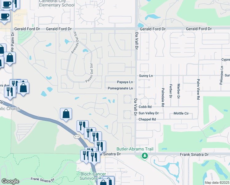 map of restaurants, bars, coffee shops, grocery stores, and more near 425 South Paseo Laredo in Cathedral City