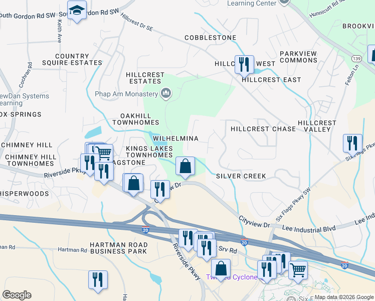 map of restaurants, bars, coffee shops, grocery stores, and more near 7055 Silver Bend Place Southeast in Austell