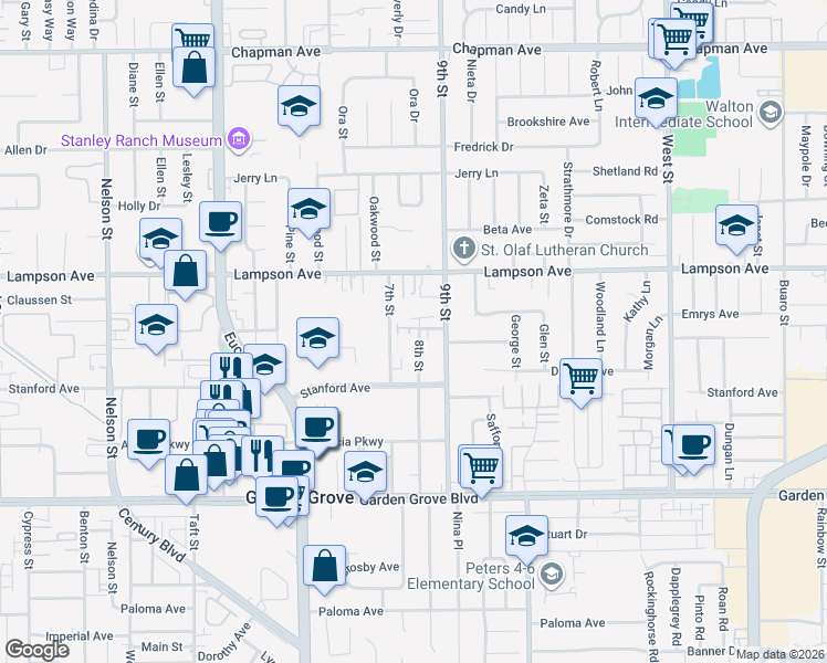 map of restaurants, bars, coffee shops, grocery stores, and more near 12573 9th Street in Garden Grove