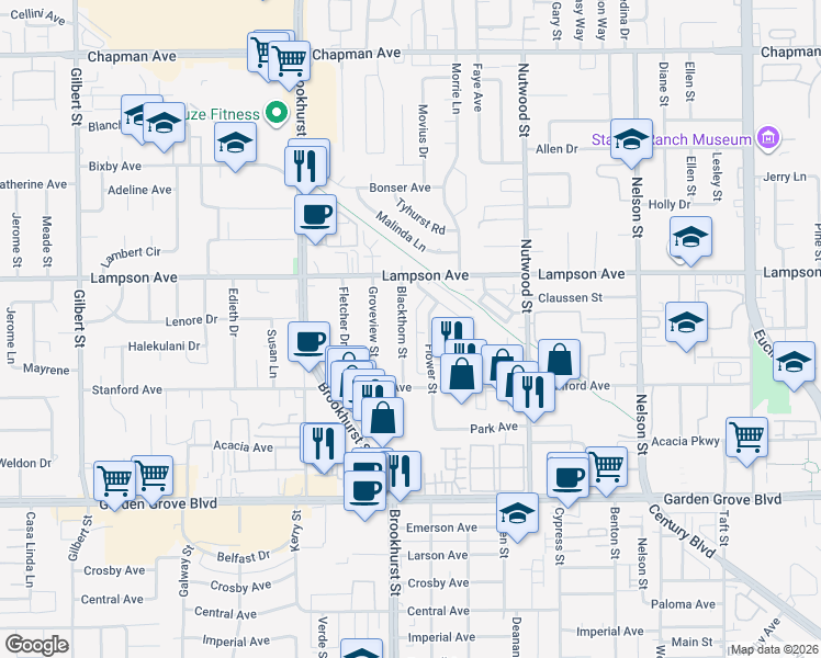 map of restaurants, bars, coffee shops, grocery stores, and more near 12581 Flower Street in Garden Grove