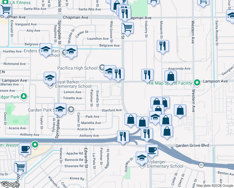 map of restaurants, bars, coffee shops, grocery stores, and more near 12572 Fieldstone Lane in Garden Grove