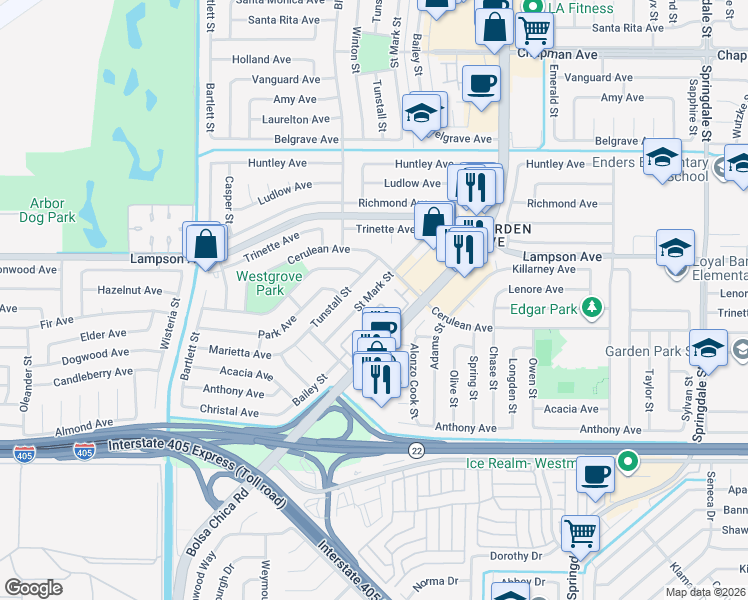 map of restaurants, bars, coffee shops, grocery stores, and more near 12572 Saint Mark Street in Garden Grove