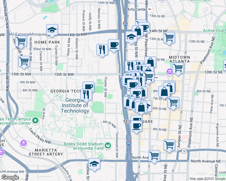 map of restaurants, bars, coffee shops, grocery stores, and more near 177 8th Street Northwest in Atlanta