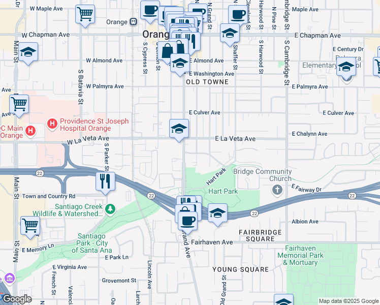 map of restaurants, bars, coffee shops, grocery stores, and more near 545 South Orange Street in Orange
