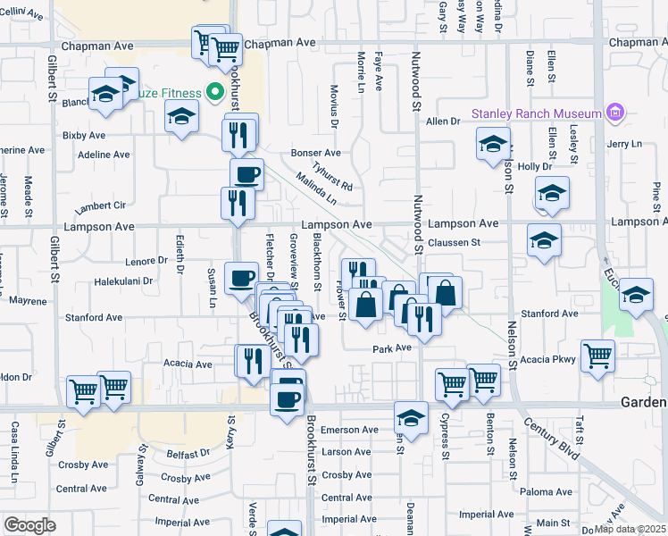 map of restaurants, bars, coffee shops, grocery stores, and more near 12581 Flower Street in Garden Grove