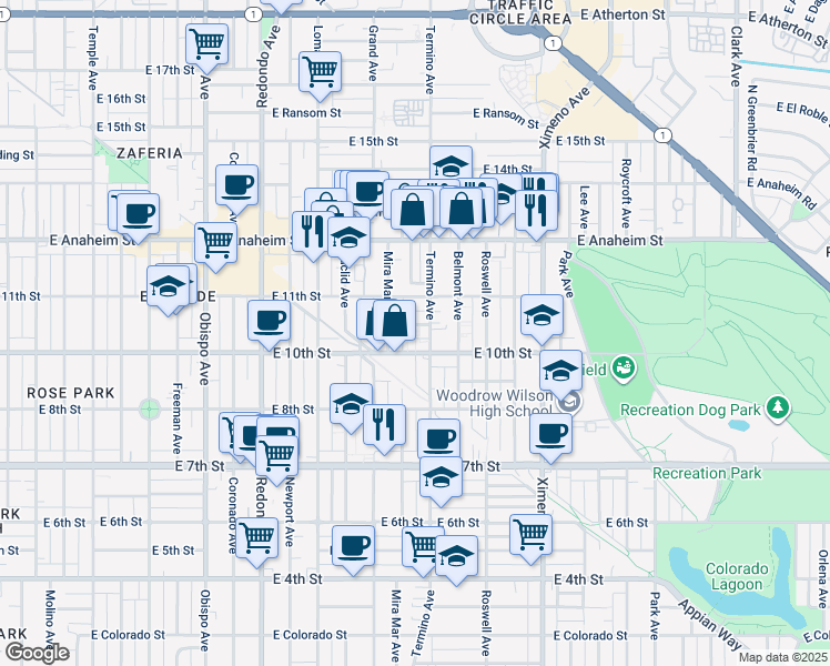 map of restaurants, bars, coffee shops, grocery stores, and more near 1053 Termino Avenue in Long Beach