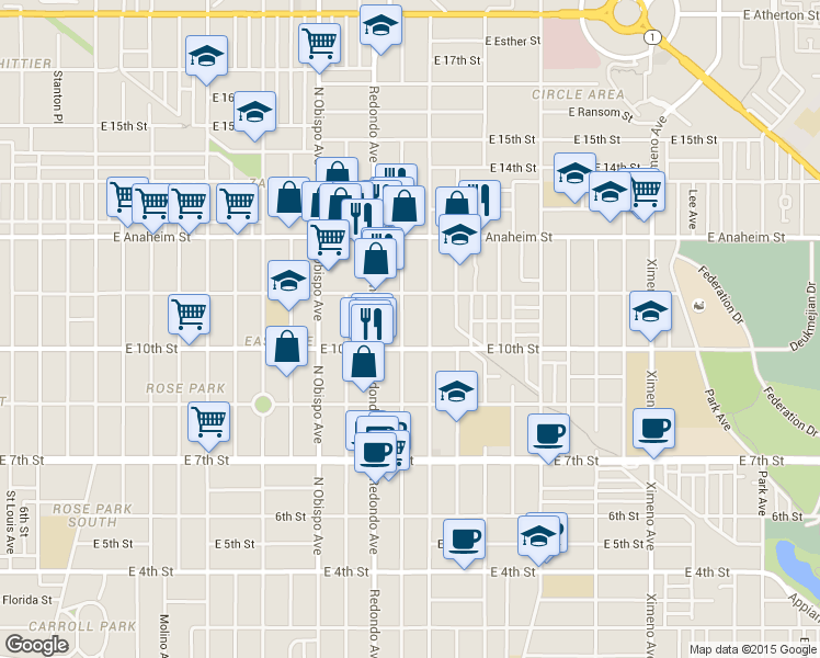 map of restaurants, bars, coffee shops, grocery stores, and more near in Long Beach