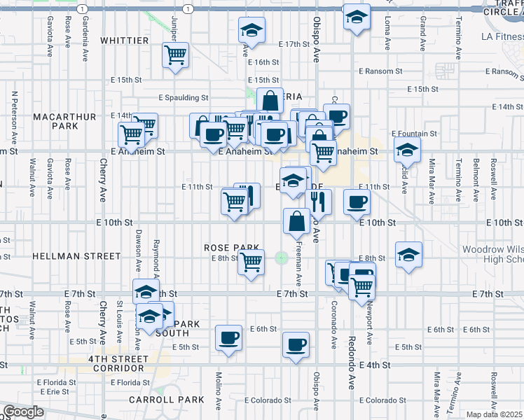 map of restaurants, bars, coffee shops, grocery stores, and more near 1029 Gladys Avenue in Long Beach