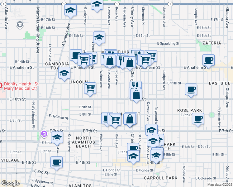 map of restaurants, bars, coffee shops, grocery stores, and more near 1054 Minerva Park in Long Beach