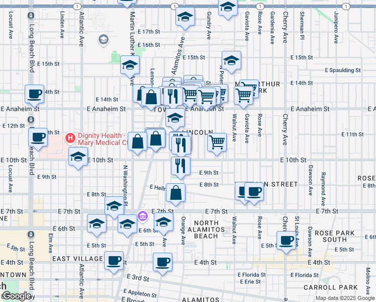 map of restaurants, bars, coffee shops, grocery stores, and more near 1050 Orange Avenue in Long Beach