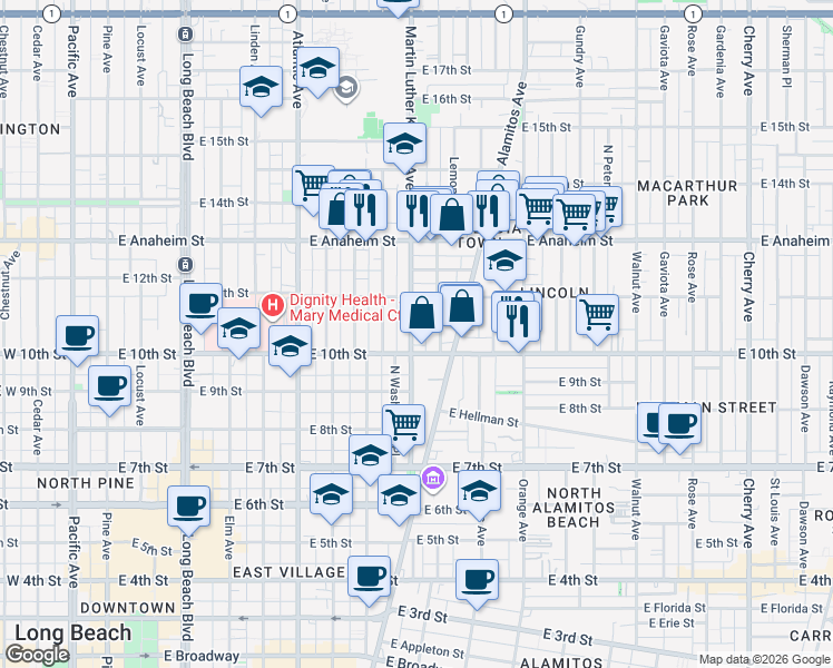 map of restaurants, bars, coffee shops, grocery stores, and more near 1032 Martin Luther King Junior Avenue in Long Beach