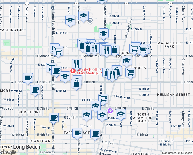 map of restaurants, bars, coffee shops, grocery stores, and more near 1047 Myrtle Avenue in Long Beach