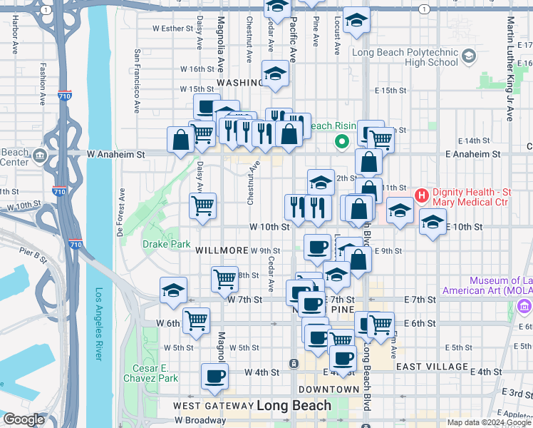 map of restaurants, bars, coffee shops, grocery stores, and more near 1051 Cedar Avenue in Long Beach