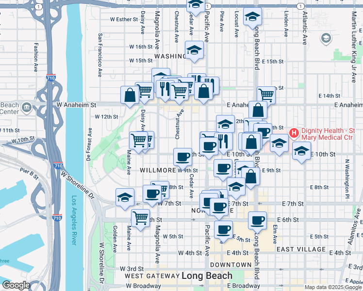 map of restaurants, bars, coffee shops, grocery stores, and more near 1051 Cedar Avenue in Long Beach
