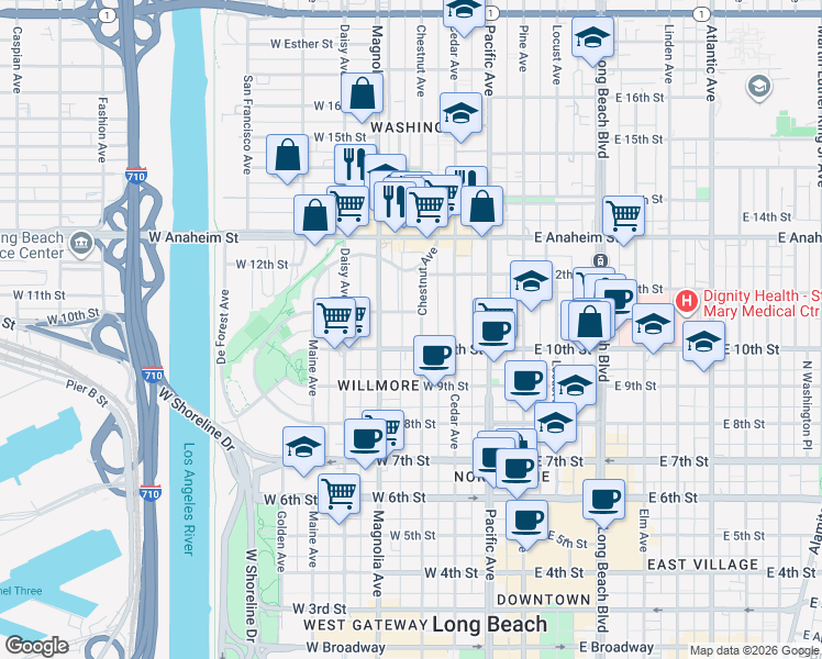 map of restaurants, bars, coffee shops, grocery stores, and more near 428 West 11th Street in Long Beach