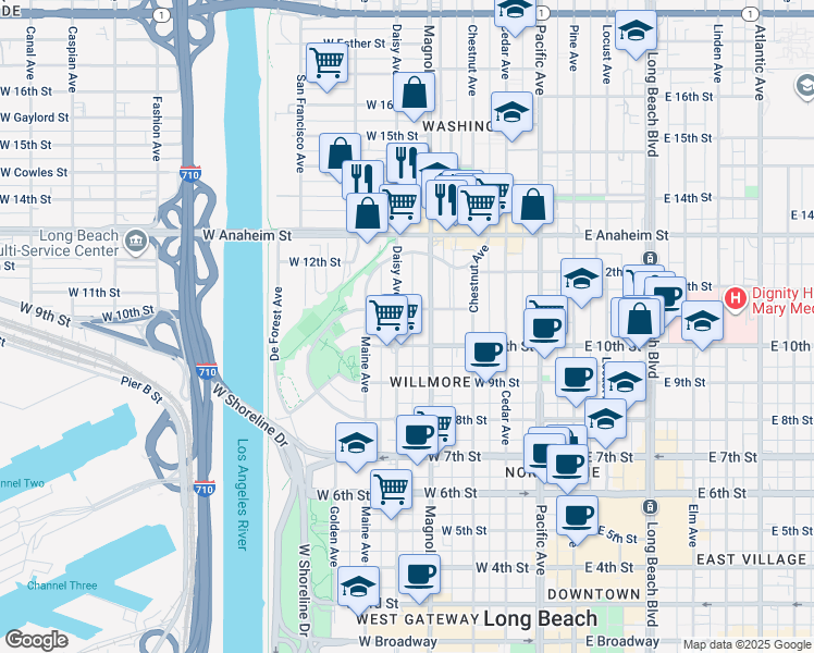 map of restaurants, bars, coffee shops, grocery stores, and more near 514 West 11th Street in Long Beach