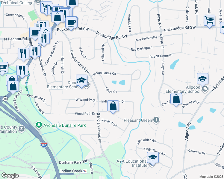 map of restaurants, bars, coffee shops, grocery stores, and more near 622 Tahoe Circle in Stone Mountain
