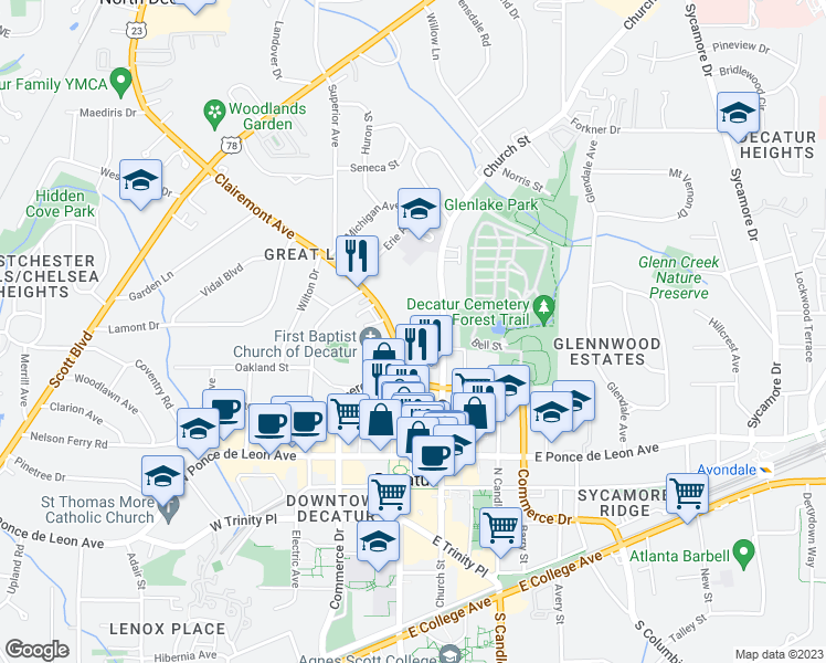 map of restaurants, bars, coffee shops, grocery stores, and more near 417 Clairemont Avenue in Decatur