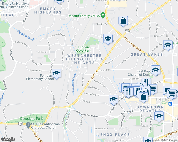 map of restaurants, bars, coffee shops, grocery stores, and more near 110 Pope Circle in Decatur