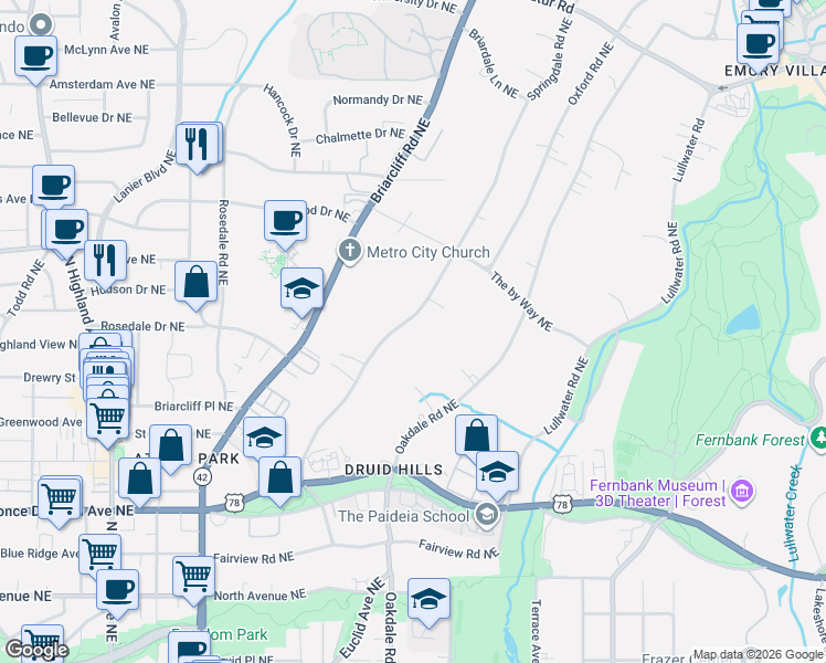 map of restaurants, bars, coffee shops, grocery stores, and more near 941 Springdale Road Northeast in Atlanta