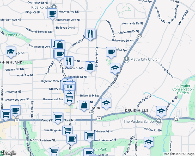map of restaurants, bars, coffee shops, grocery stores, and more near 933 Rosedale Road Northeast in Atlanta