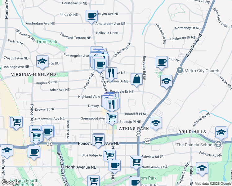 map of restaurants, bars, coffee shops, grocery stores, and more near 1075 Rosedale Drive Northeast in Atlanta