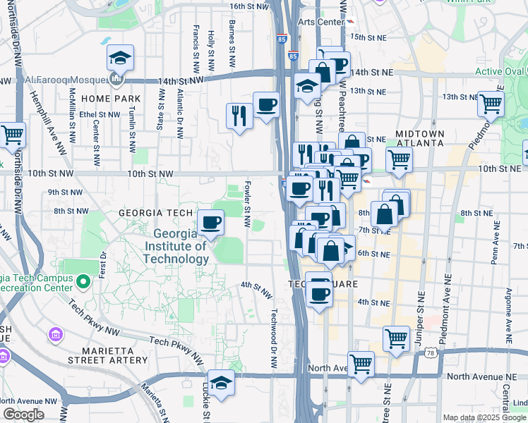 map of restaurants, bars, coffee shops, grocery stores, and more near 965 Fowler Street Northwest in Atlanta