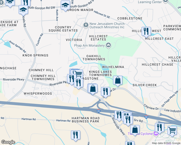 map of restaurants, bars, coffee shops, grocery stores, and more near 7178 Fringe Flower Drive in Austell