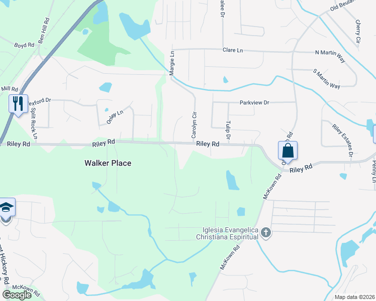 map of restaurants, bars, coffee shops, grocery stores, and more near 3417 Riley Road in Douglasville