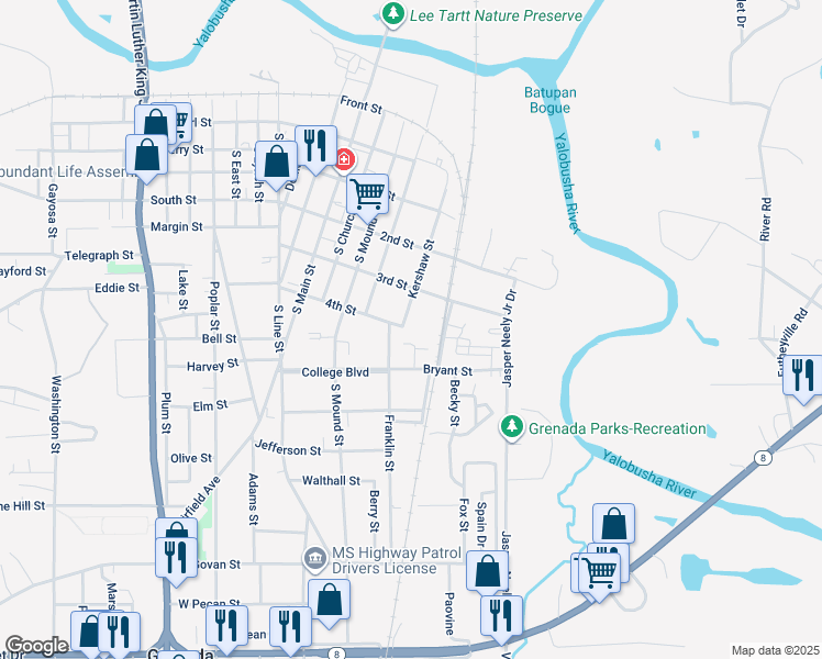 map of restaurants, bars, coffee shops, grocery stores, and more near 300-498 Kershaw Street in Grenada