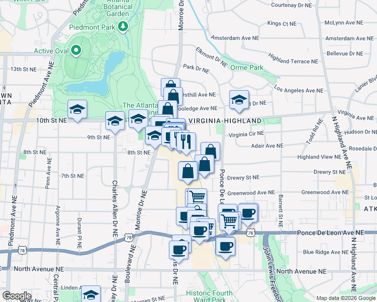 map of restaurants, bars, coffee shops, grocery stores, and more near Beltline Rail Trail in Atlanta