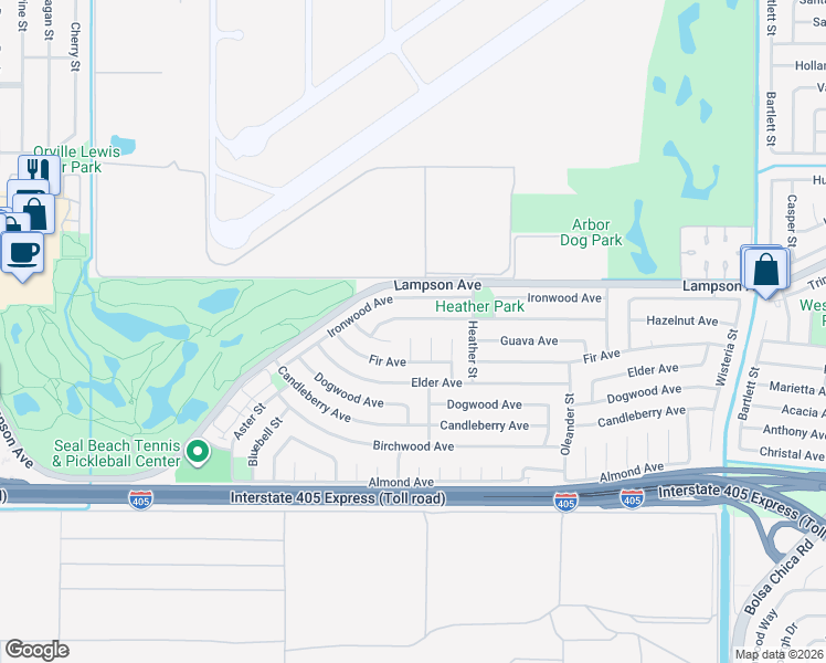 map of restaurants, bars, coffee shops, grocery stores, and more near 3860 Daisy Circle in Seal Beach
