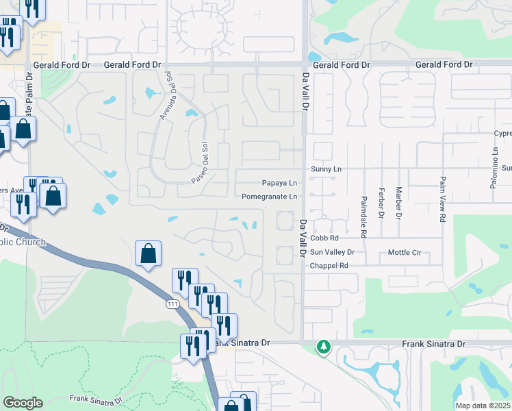 map of restaurants, bars, coffee shops, grocery stores, and more near 69859 Pomegranate Lane in Cathedral City