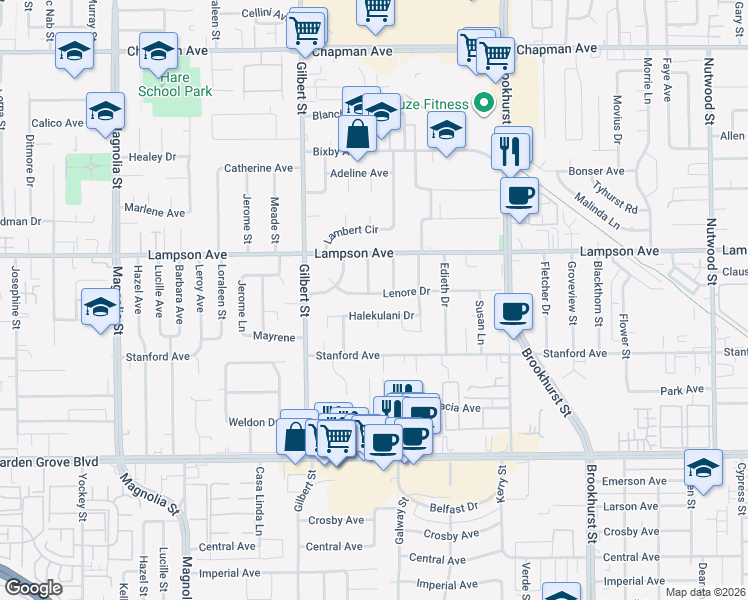 map of restaurants, bars, coffee shops, grocery stores, and more near 9662 Lenore Drive in Garden Grove