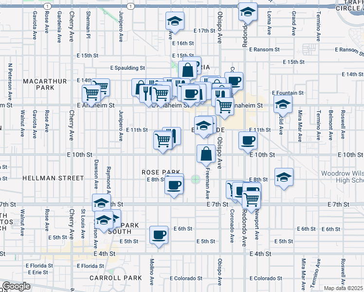 map of restaurants, bars, coffee shops, grocery stores, and more near 1029 Gladys Avenue in Long Beach