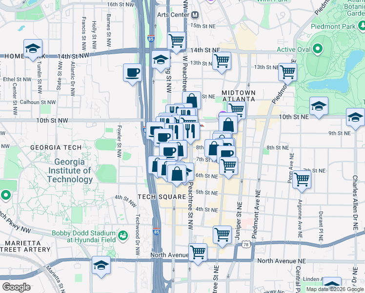 map of restaurants, bars, coffee shops, grocery stores, and more near 950 West Peachtree Street Northwest in Atlanta