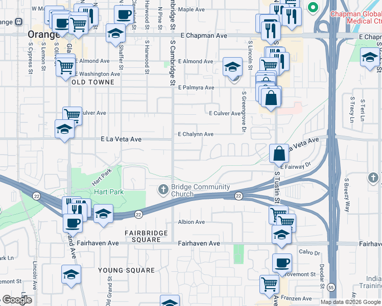 map of restaurants, bars, coffee shops, grocery stores, and more near 1024 East Tularosa Avenue in Orange