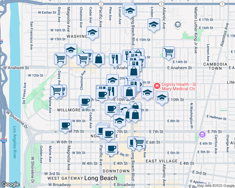 map of restaurants, bars, coffee shops, grocery stores, and more near 1044 Locust Avenue in Long Beach