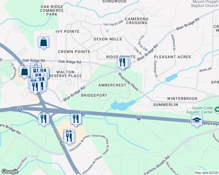 map of restaurants, bars, coffee shops, grocery stores, and more near 1355 Ambercrest Way in Austell