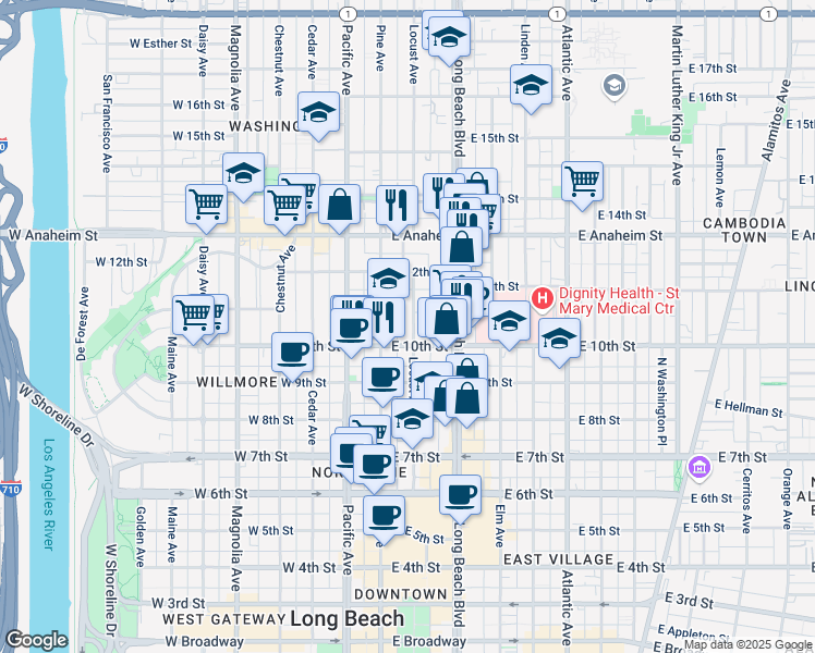 map of restaurants, bars, coffee shops, grocery stores, and more near 1025 Locust Avenue in Long Beach
