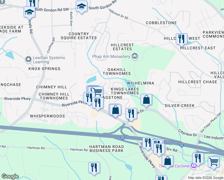 map of restaurants, bars, coffee shops, grocery stores, and more near 7178 Fringe Flower Drive in Austell