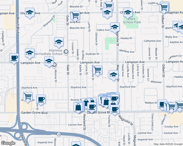 map of restaurants, bars, coffee shops, grocery stores, and more near 12603 Josephine Street in Garden Grove