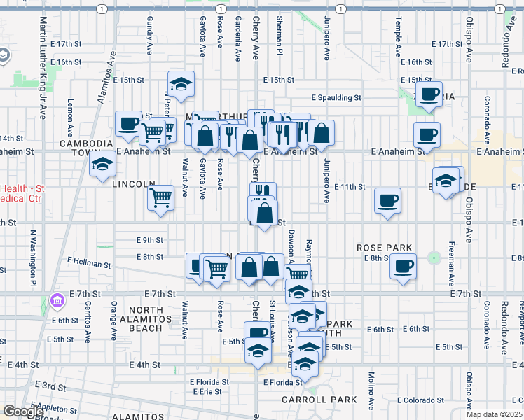 map of restaurants, bars, coffee shops, grocery stores, and more near 1036 Cherry Avenue in Long Beach