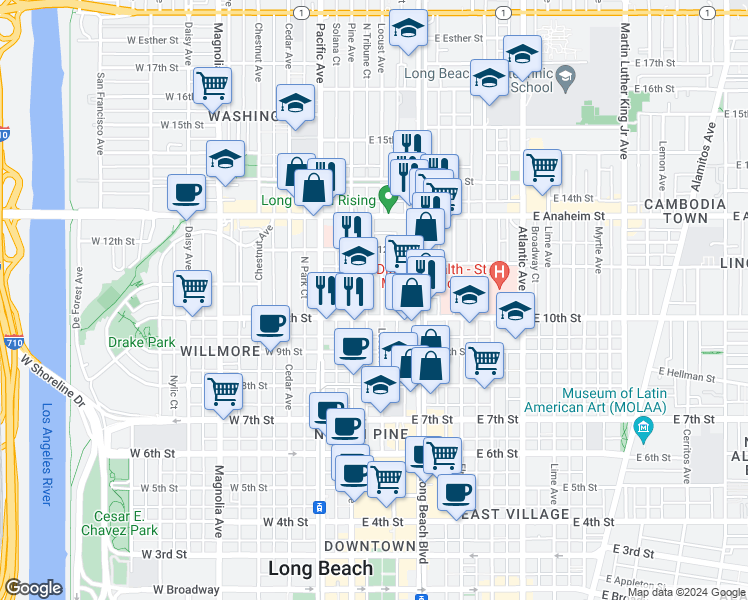 map of restaurants, bars, coffee shops, grocery stores, and more near 1025 Locust Avenue in Long Beach