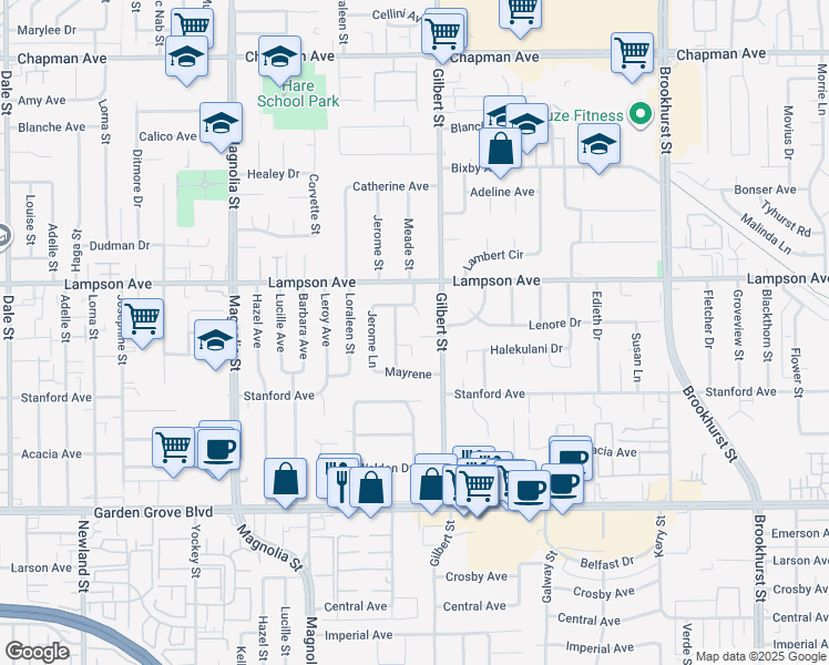 map of restaurants, bars, coffee shops, grocery stores, and more near 9391 Stonehaven Circle in Garden Grove